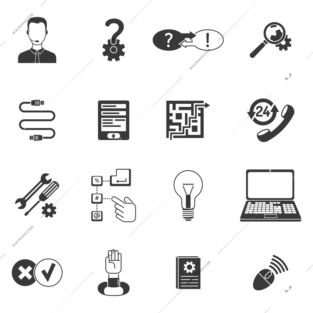 Black and white call center computer remote support icon set isolated vector illustration