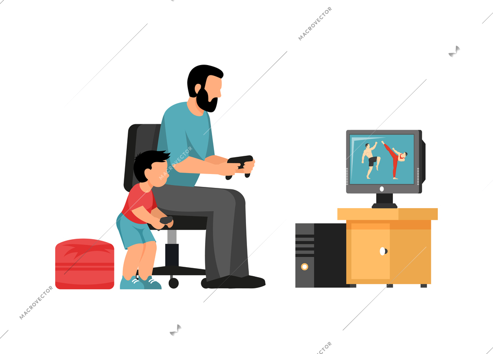 Father with little son playing video game together flat vector illustration