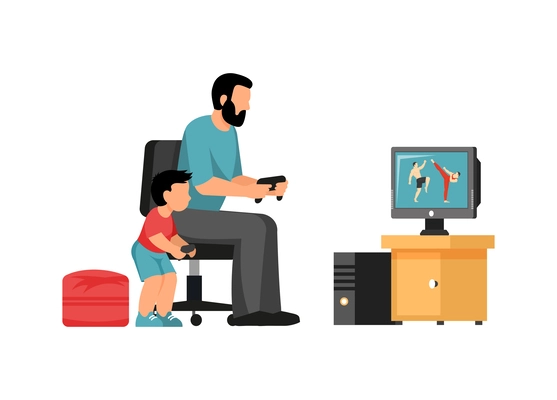 Father with little son playing video game together flat vector illustration