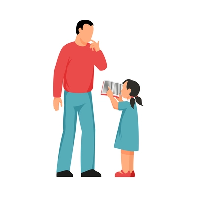 Little daughter asking dad to read book or help with homework flat vector illustration