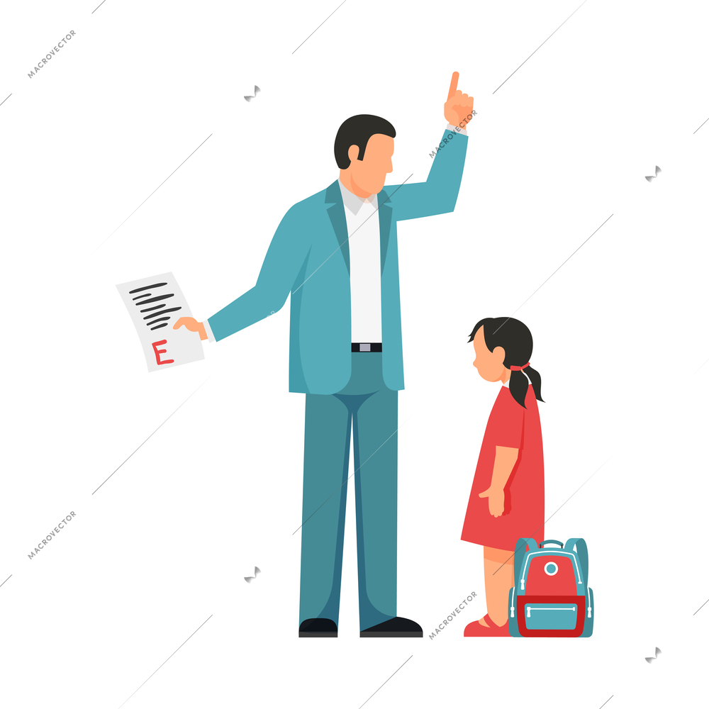 Father scolding daughter for bad mark flat vector illustration