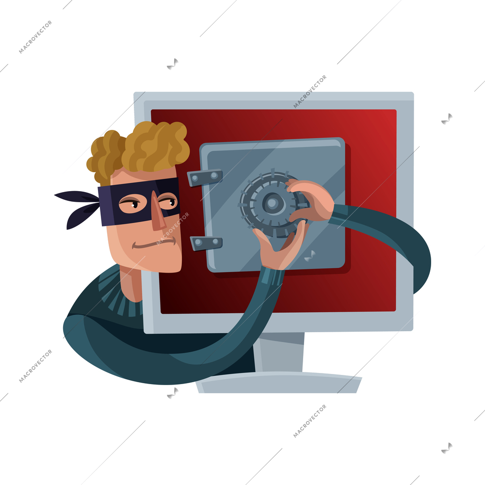 Internet security flat concept with male hacker trying to steal money vector illustration