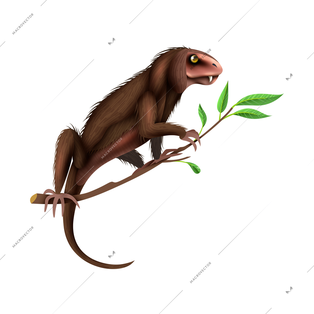 Realistic prehistoric animal sitting on tree branch vector illustration