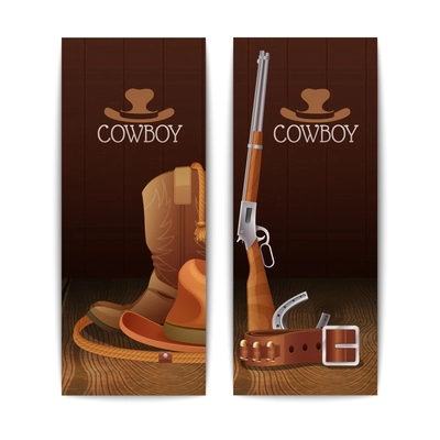 Two vertical cowboy banners with hat boots lasso belt horseshoe winchester rifle isolated vector illustration