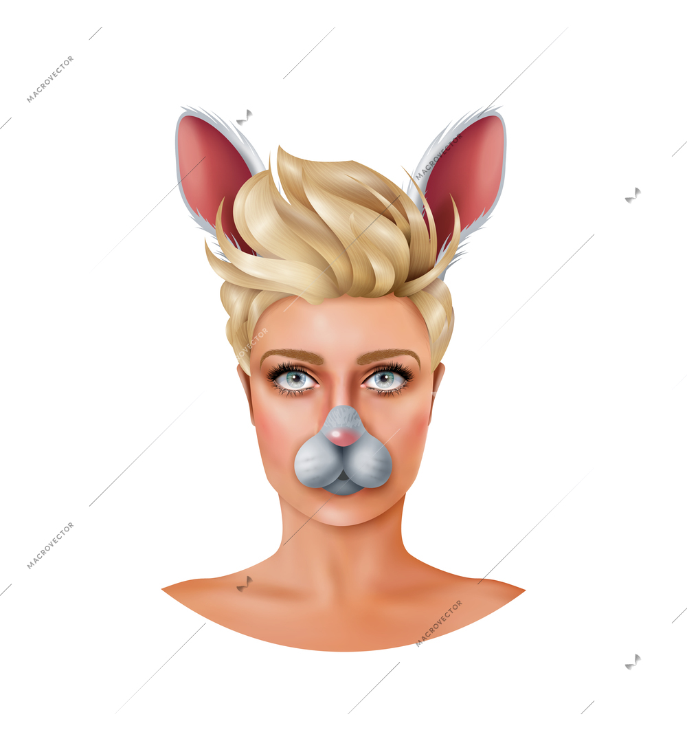 Female face with rabbit animal mask video photo app effect realistic vector illustration