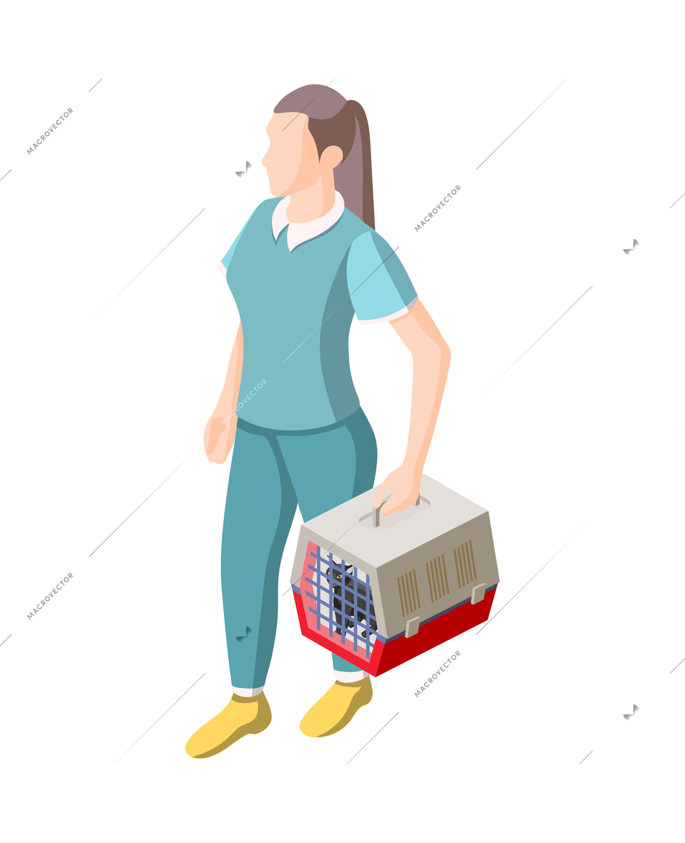 Animal care volunteering isometric icon with woman walking with cat in pet carrier vector illustration