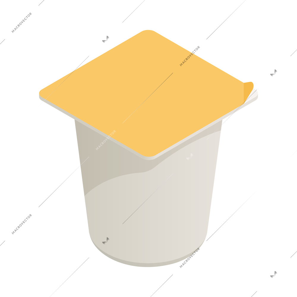 Plastic pot of yogurt with yellow foil isometric icon 3d vector illustration