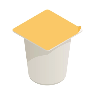 Plastic pot of yogurt with yellow foil isometric icon 3d vector illustration