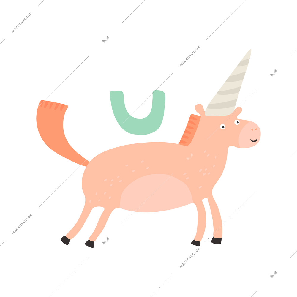 Children alphabet cute animal letter u for unicorn flat vector illustration
