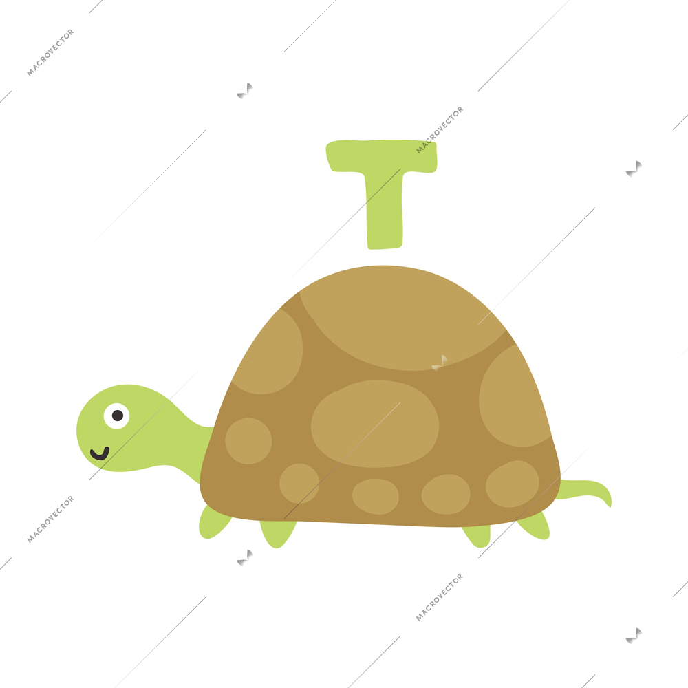 Children alphabet cute animal letter t for turtle flat vector illustration