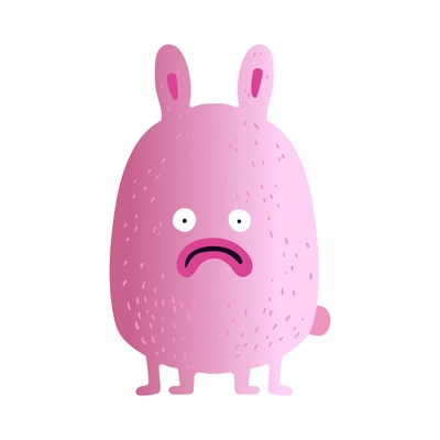 Flat cute funny sad pink monster with rabbit ears and tail vector illustration