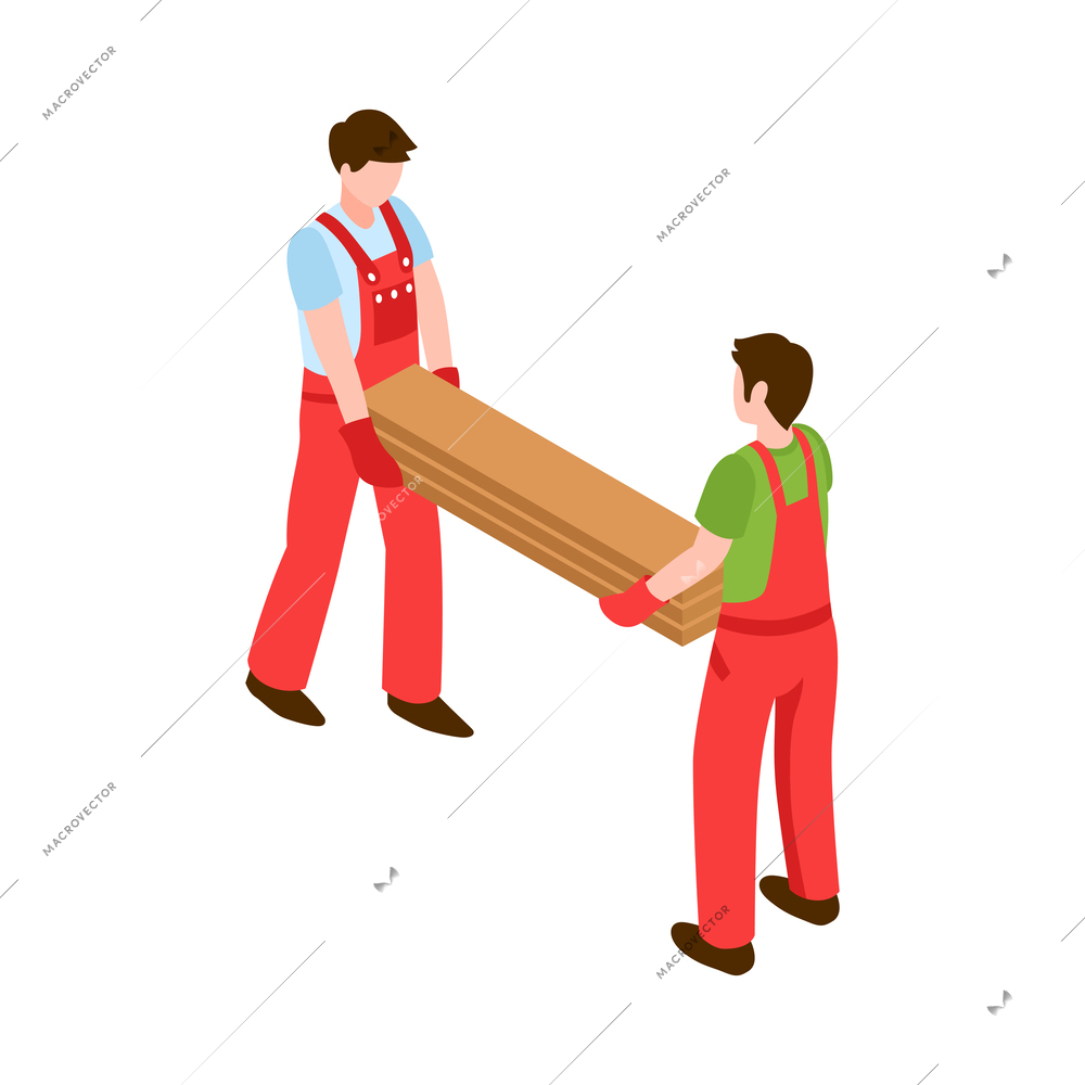 Builders in uniform carrying wooden planks isometric icon vector illustration