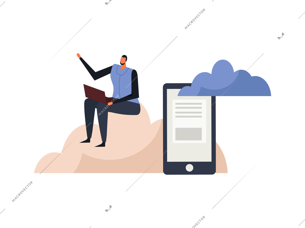 Online education cloud computing electronic library flat concept with person studying on laptop vector illustration