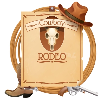 Rodeo retro wild west poster with cowboy hat boots and gun vector illustration