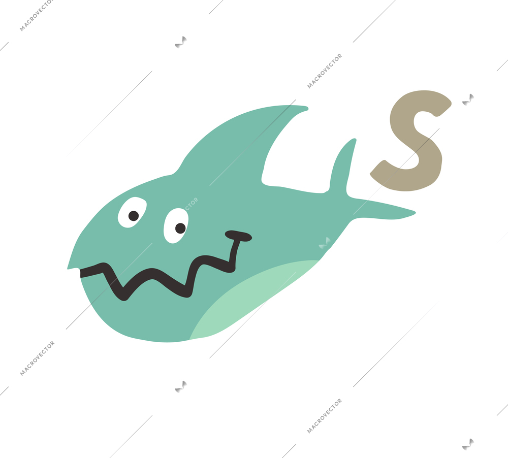 Children alphabet cute animal letter s for shark flat vector illustration