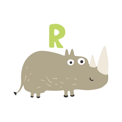 Children alphabet cute animal letter r for rhino flat vector illustration