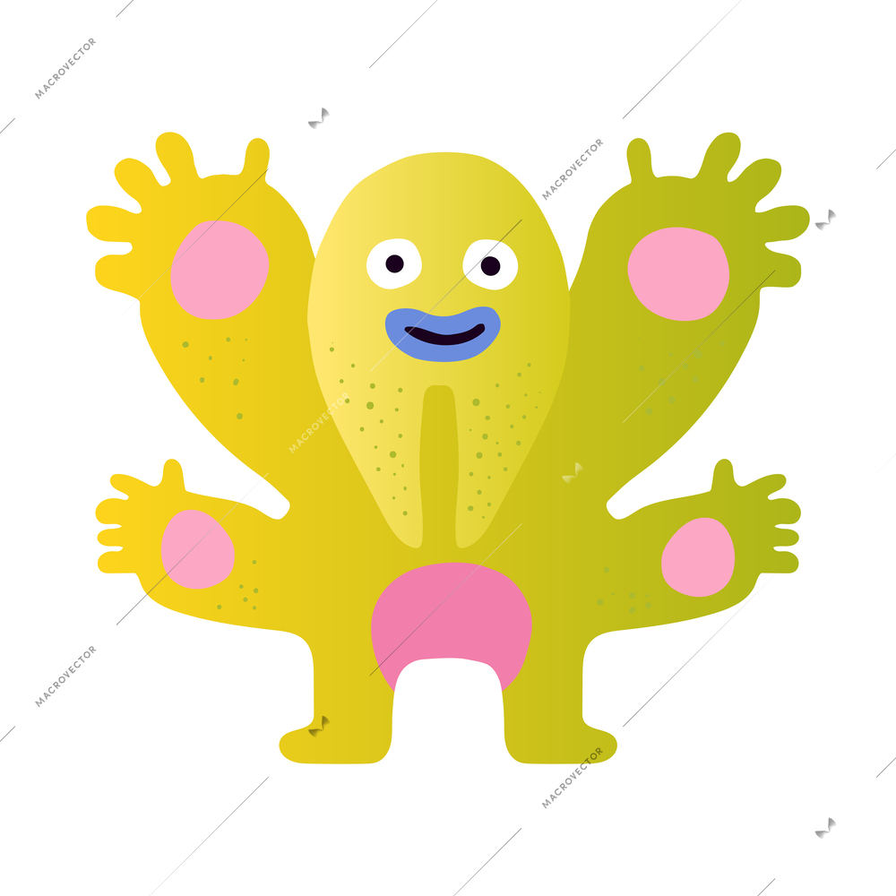 Cute funny friendly green monster with four arms flat vector illustration