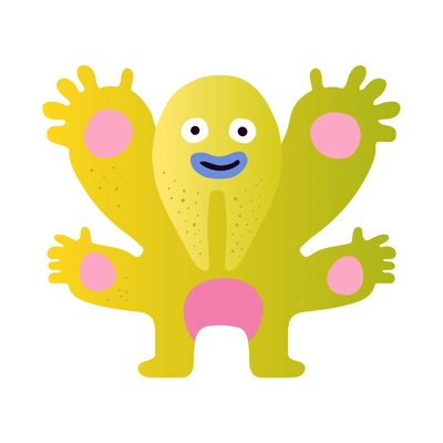 Cute funny friendly green monster with four arms flat vector illustration