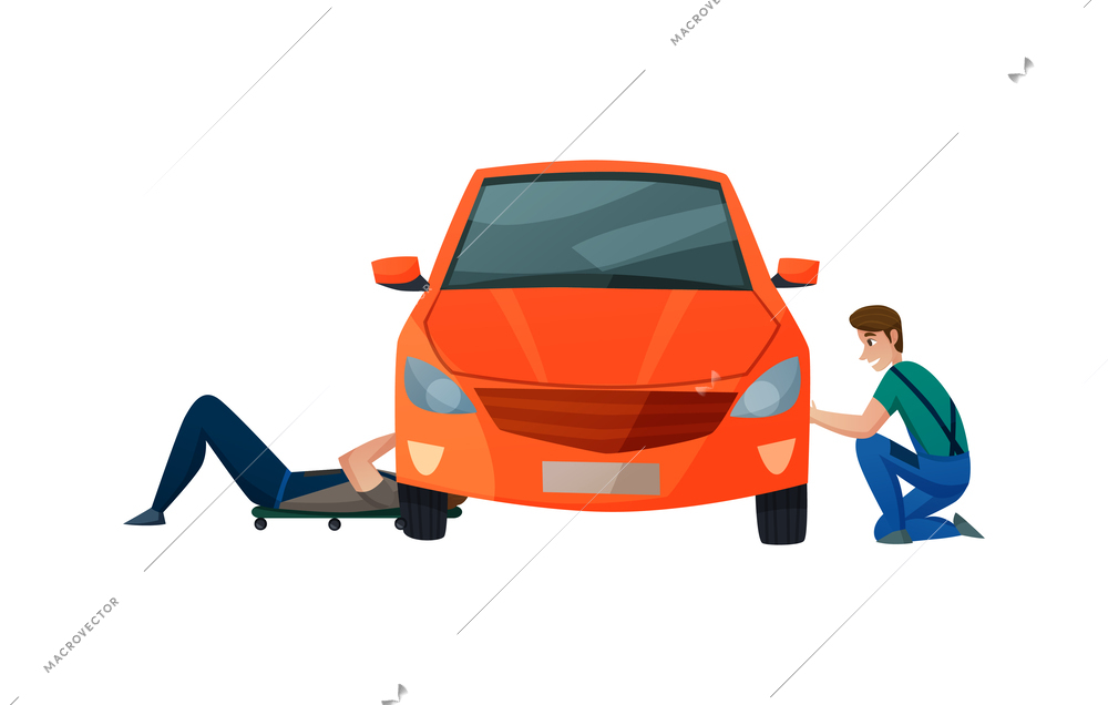 Happy car service workers repairing automobile flat vector illustration