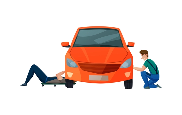 Happy car service workers repairing automobile flat vector illustration