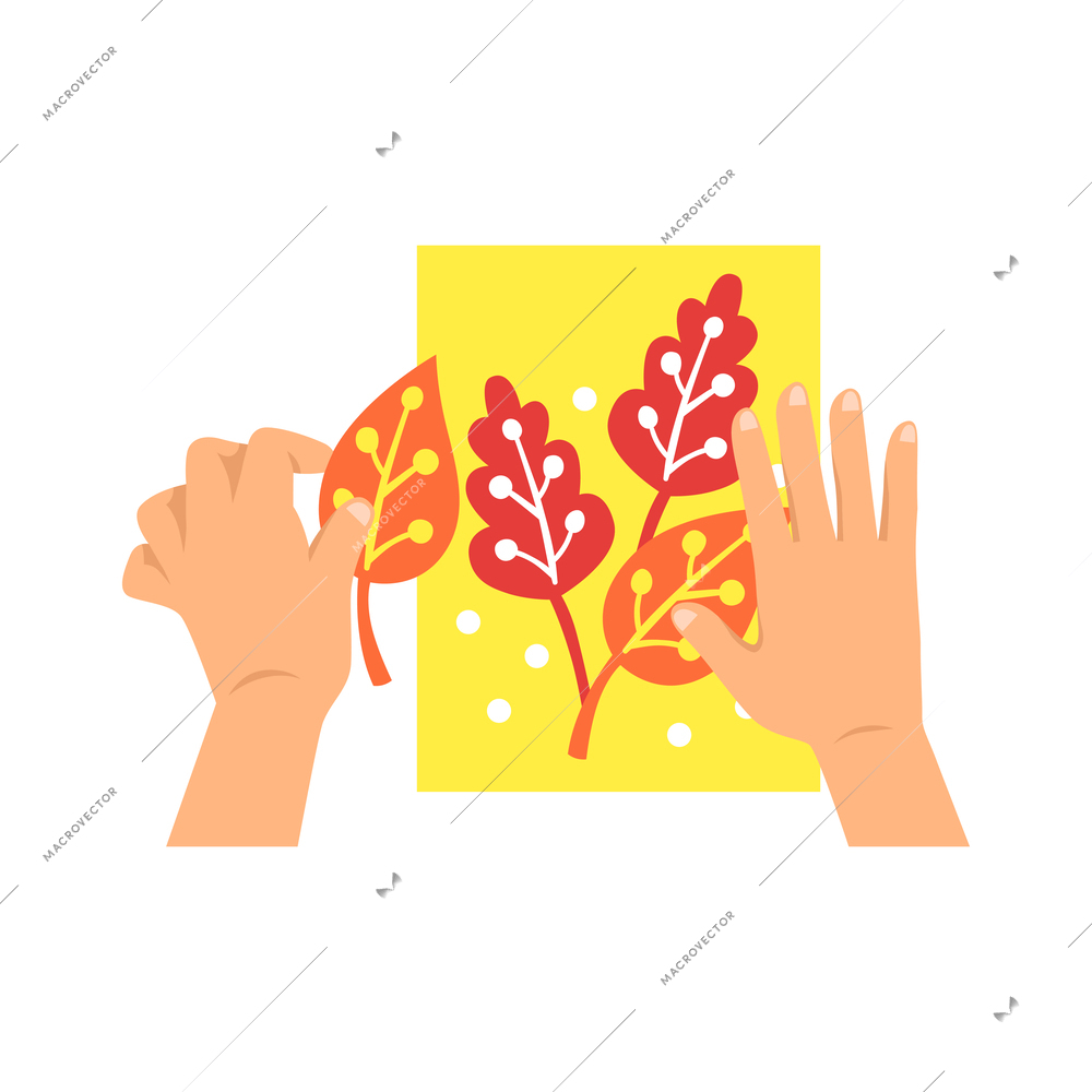 Creative kid hands doint paper crafting top view flat vector illustration