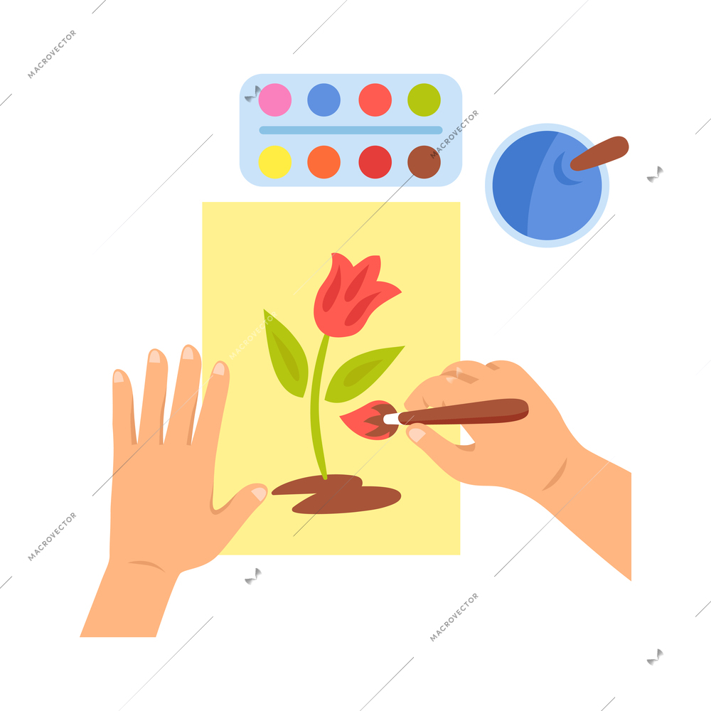 Creative kid hands painting flower with watecolor top view flat vector illustration