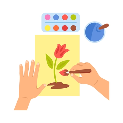 Creative kid hands painting flower with watecolor top view flat vector illustration