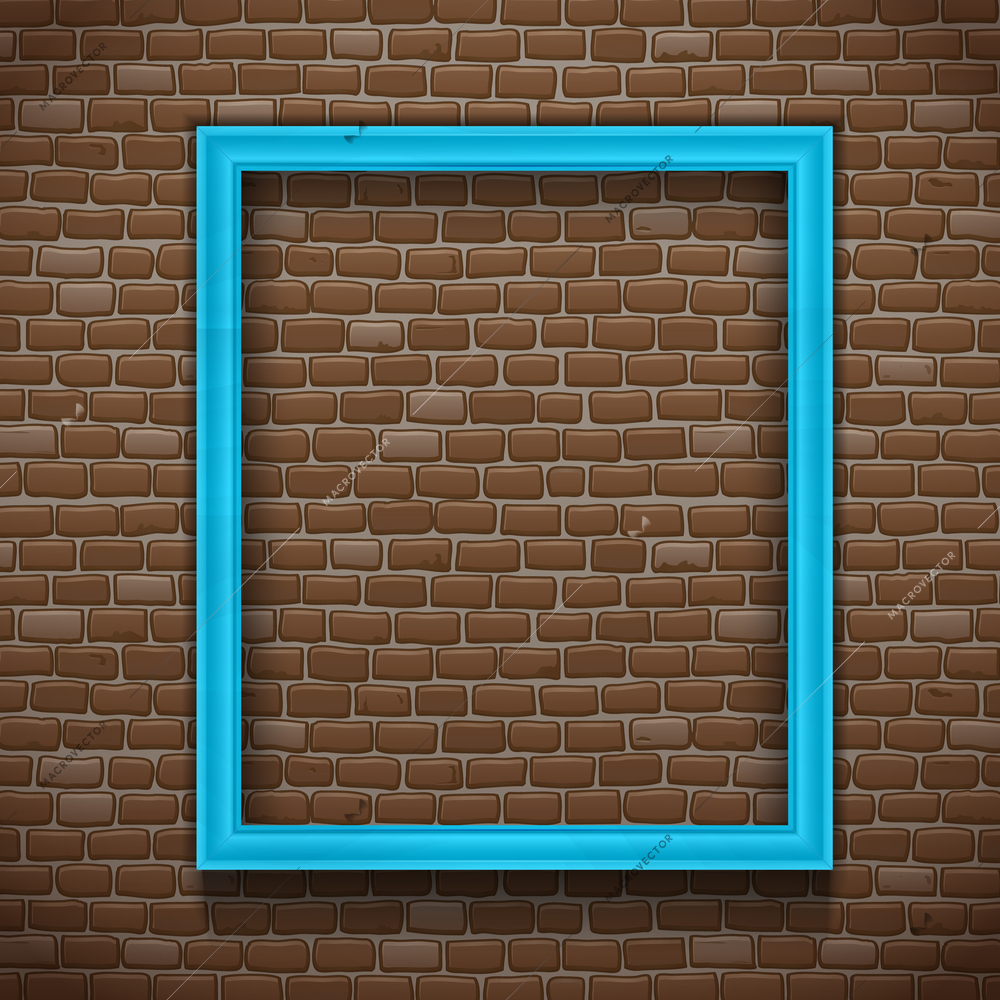 Blue empty picture frame on brick wall background realistic vector illustration