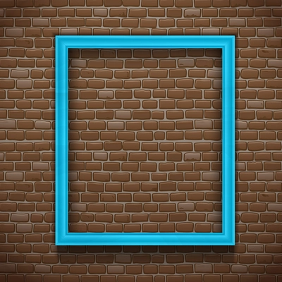 Blue empty picture frame on brick wall background realistic vector illustration