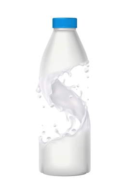 Realistic plastic bottle of milk splashes on white background vector illustration