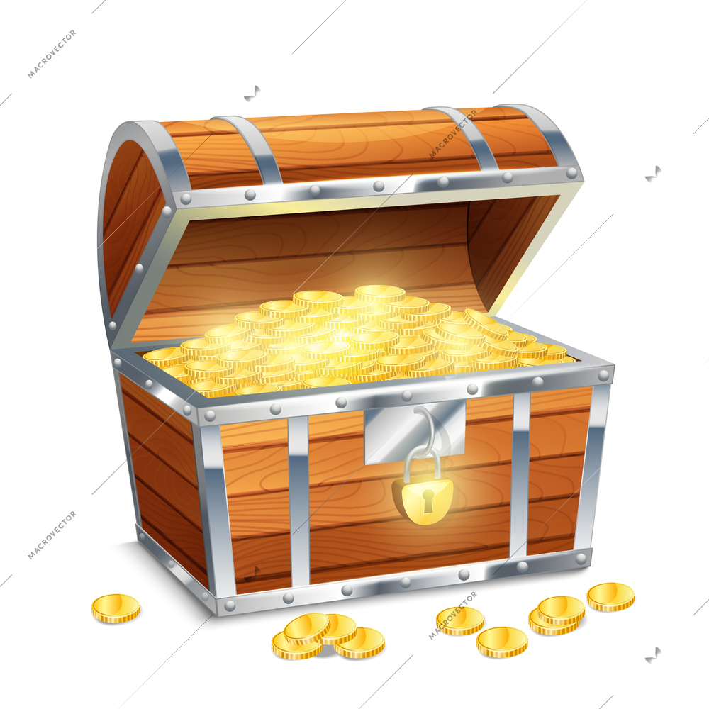 Realistic old style pirate treasure chest with golden coins isolated on white background vector illustration