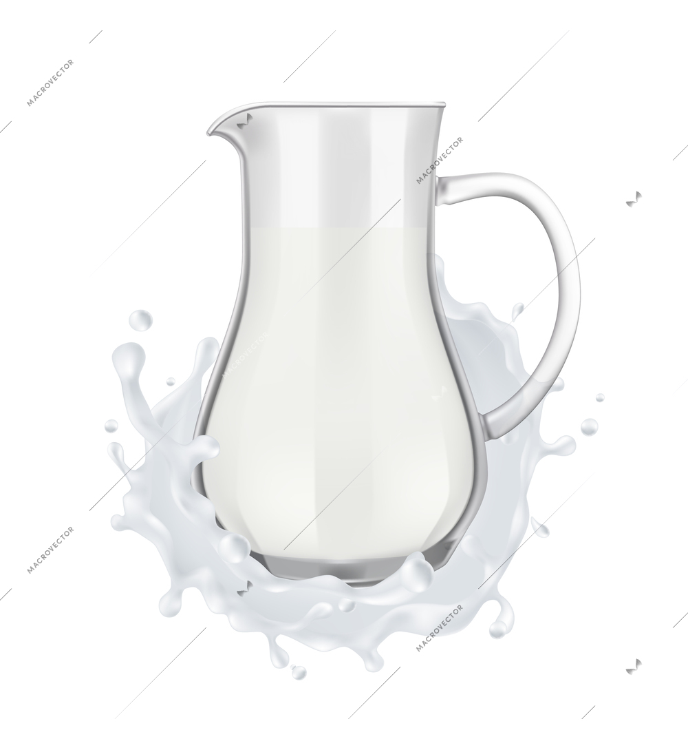 Realistic glass jug in milk splashes on white background vector illustration