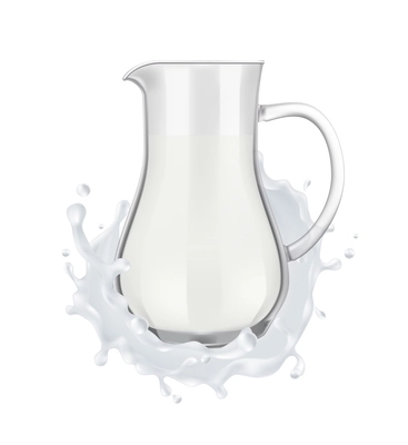 Realistic glass jug in milk splashes on white background vector illustration