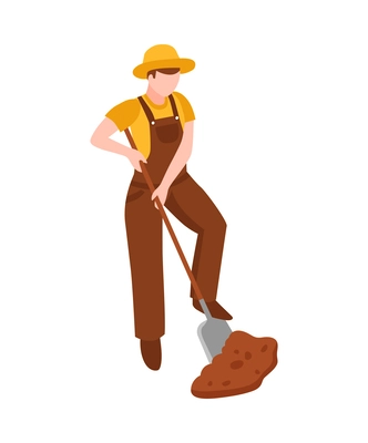 Gardener digging with shovel icon on white background isometric vector illustration