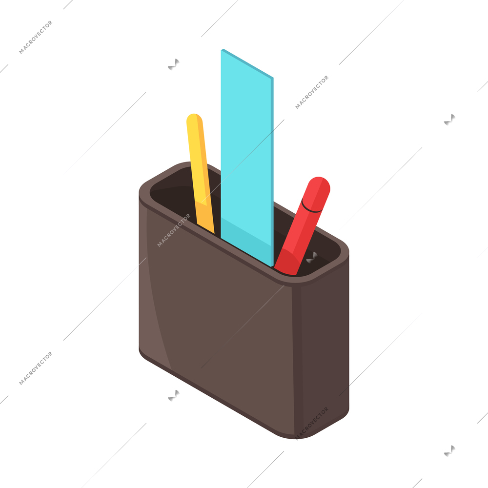 Stationery holder with ruler and pens isometric icon vector illustration