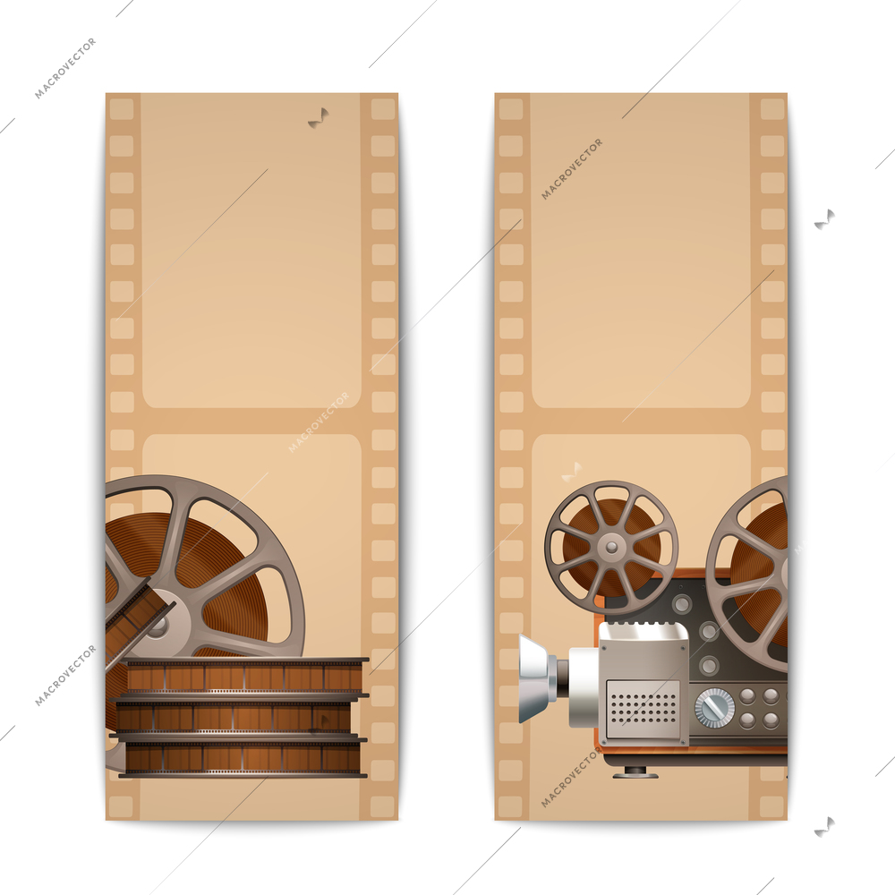Cinema banners vertical set with realistic retro projector and film reel isolated vector illustration
