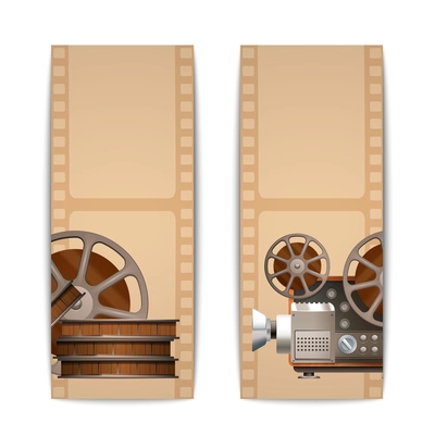 Cinema banners vertical set with realistic retro projector and film reel isolated vector illustration