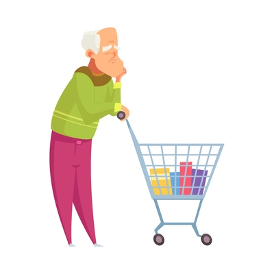 Bored elderly man standing in queue in supermarket cartoon vector illustration