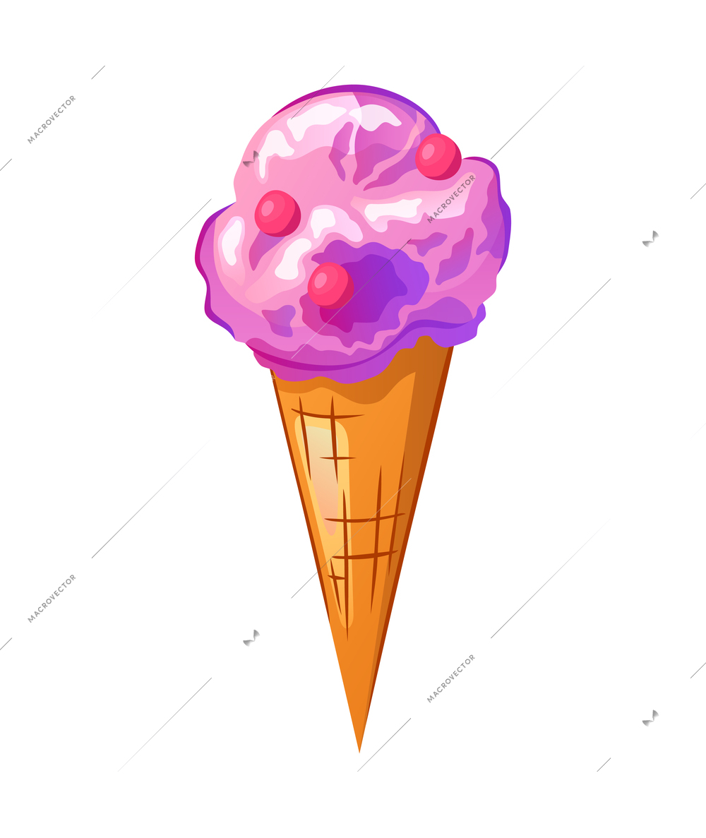 Flat berry ice cream in wafer cone vector illustration