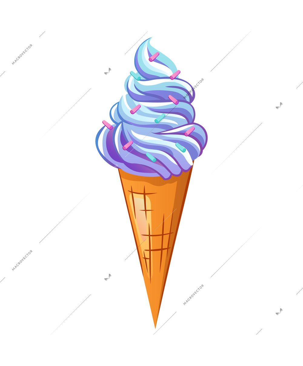 Colorful ice cream with sprinkles in wafer cone flat vector illustration