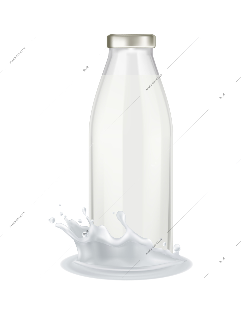 Realistic transparent glass bottle of milk in splashes vector illustration