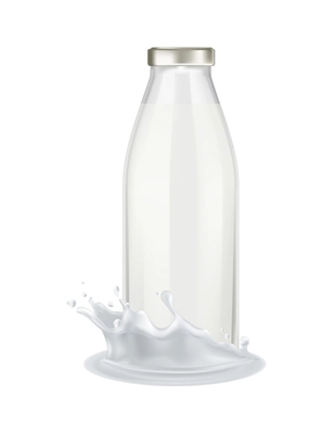 Realistic transparent glass bottle of milk in splashes vector illustration