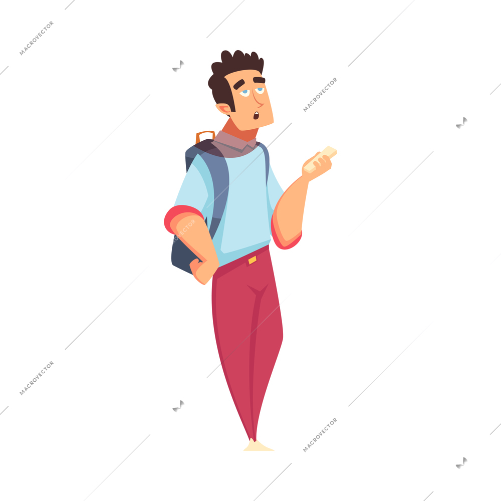 Bored young man standing in queue with smartphone cartoon vector illustration