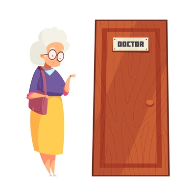 Senior woman in queue to doctor looking at watch cartoon vector illustration