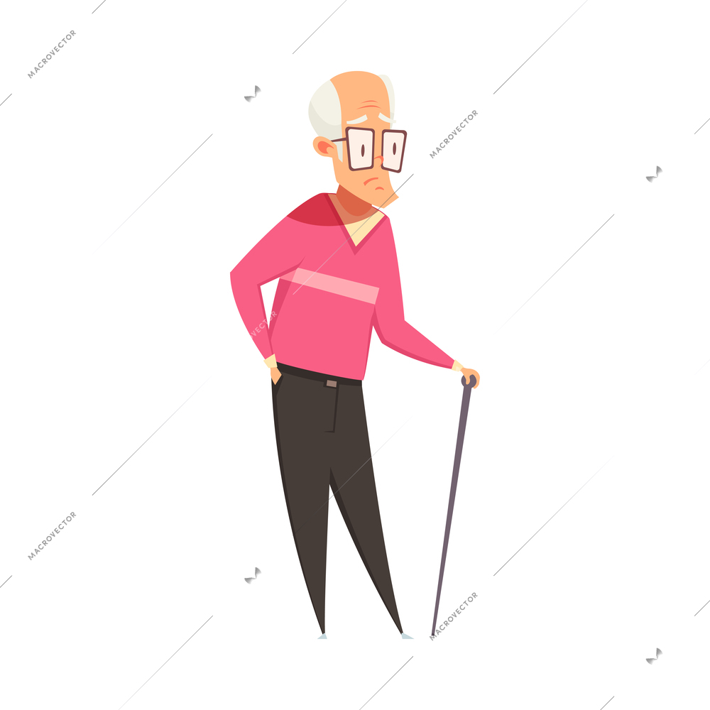 Sad elderly man with walking cane cartoon vector illustration