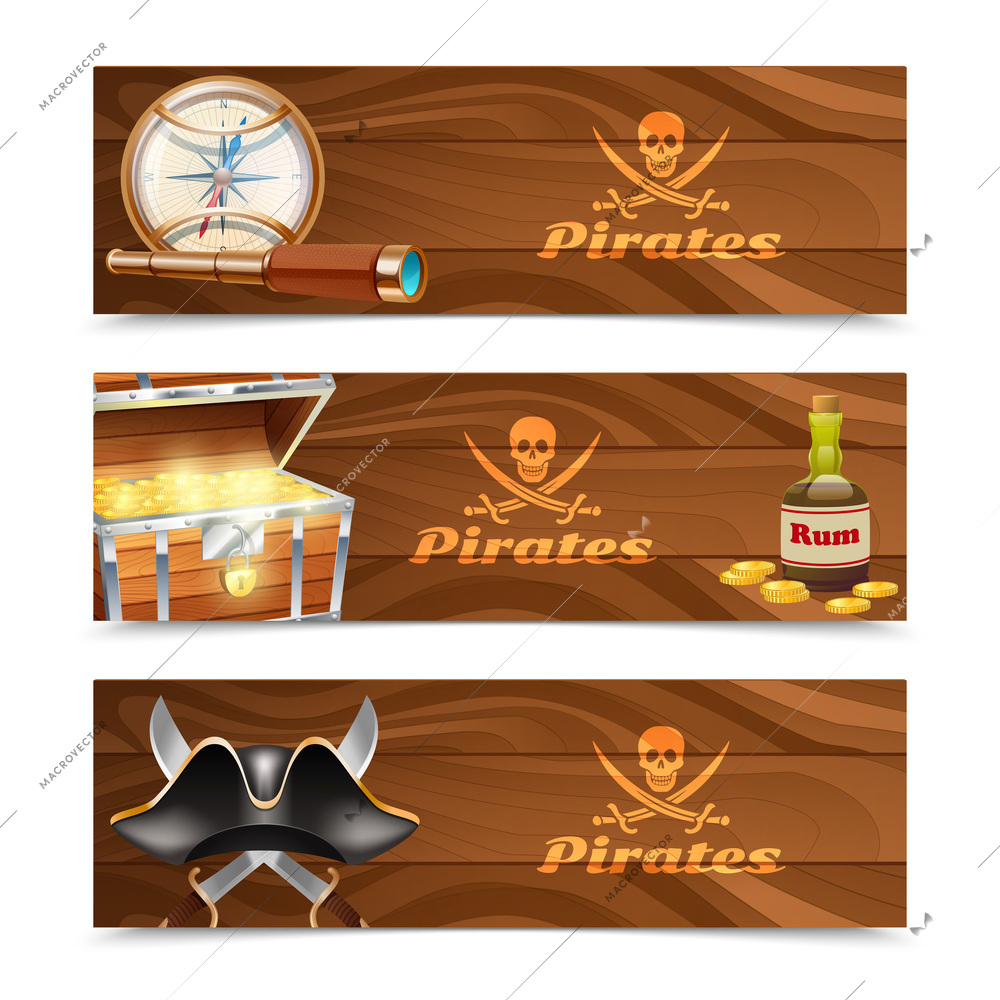 Three horizontal wooden pirate banners with jolly roger rum treasure chest looking glass gold compass and cocked hat isolated vector illustration