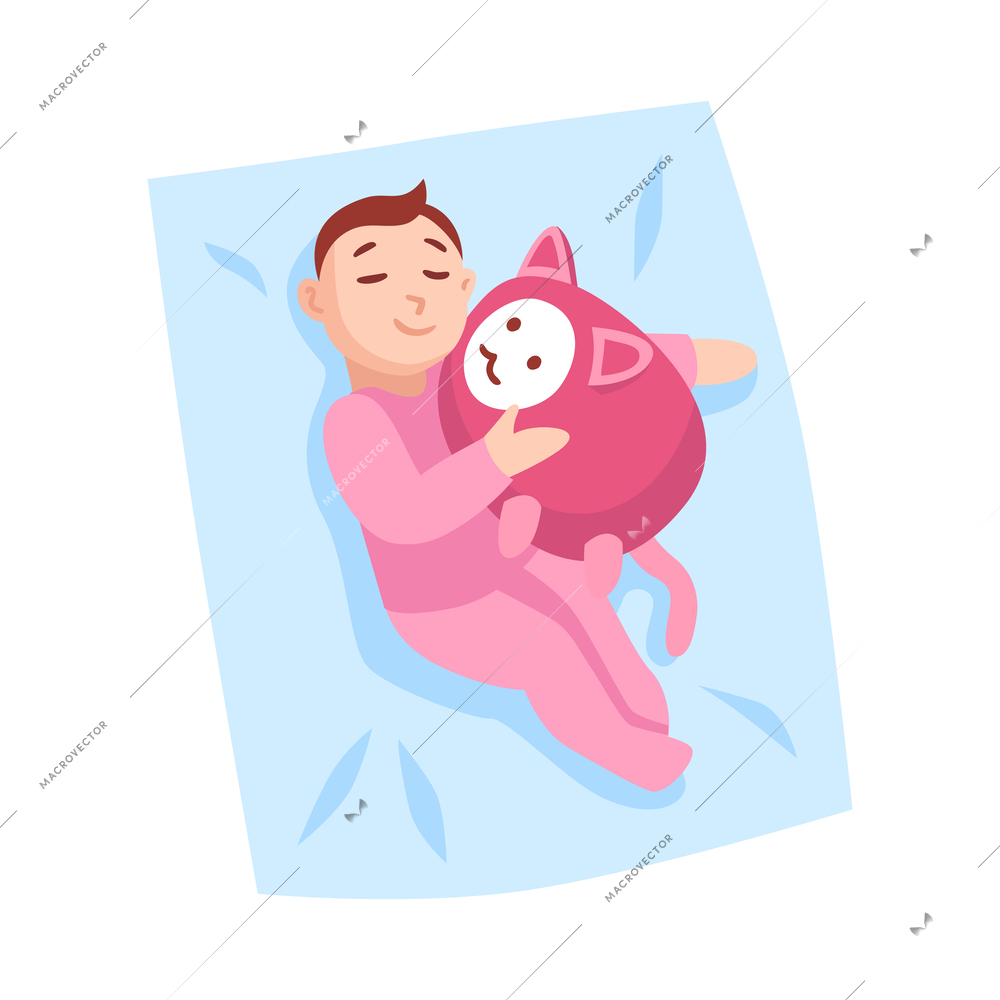 Baby sleeping with toy on blanket flat vector illustration