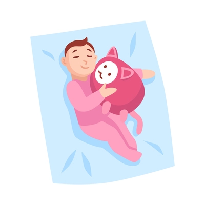 Baby sleeping with toy on blanket flat vector illustration