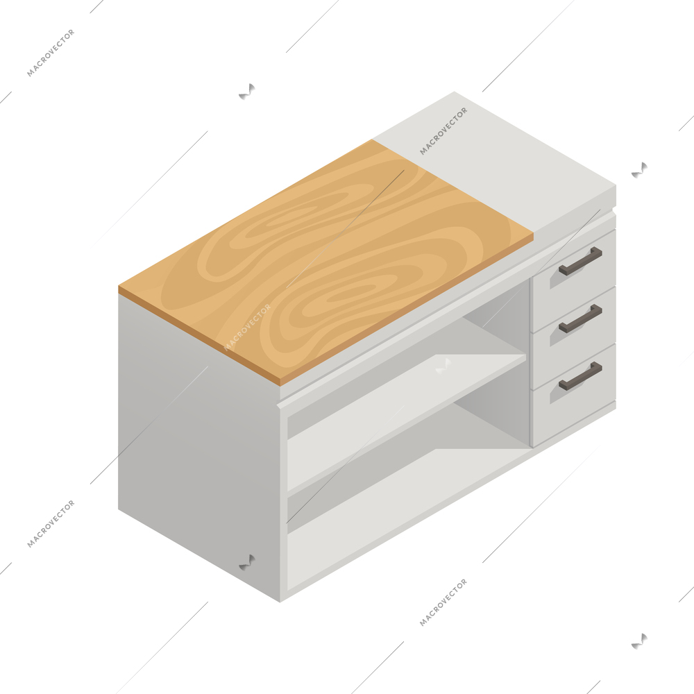 Isometric cabinet with wooden cutting board for professional kitchen interior vector illustration