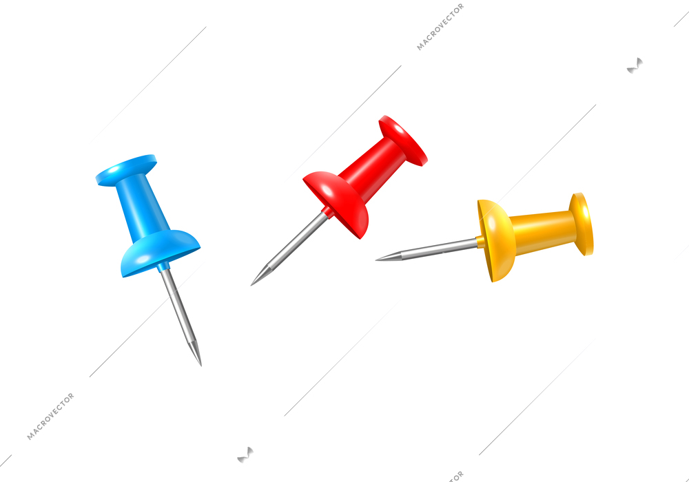 Realistic colorful push pins on white background isolated vector illustration